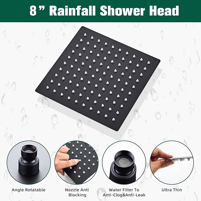 Shower Head Matte Black, Shower Faucet Set Bathroom Shower System with 8 inch Square Rain Shower Head Wall Mounted with 3-Setting Handheld Spray, Rainfall Shower Combo Set