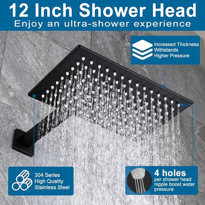 POP SANITARYWARE Matte Black Shower Tub Faucet Set Bathroom Rain Shower System with Tub Spout Wall Mounted Rainfall 12 Inch Shower Head and Handle Set Include Shower Valve and Trim Kit
