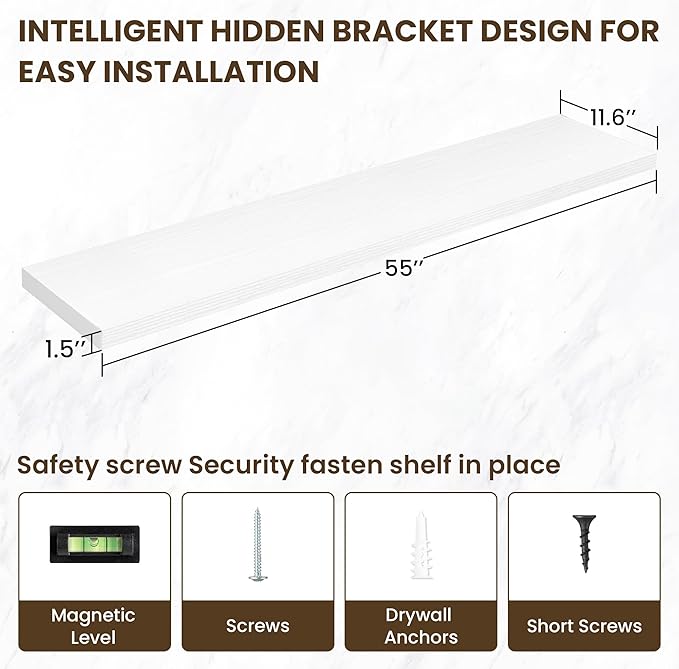 55 Inch Floating Shelves, 11.6 Inch Deep Floating Shelves for Wall, Floating Shelf with Invisible Brackets, Deep Shelves for Bathroom, Bedroom, Living Room, 1 Pack, White