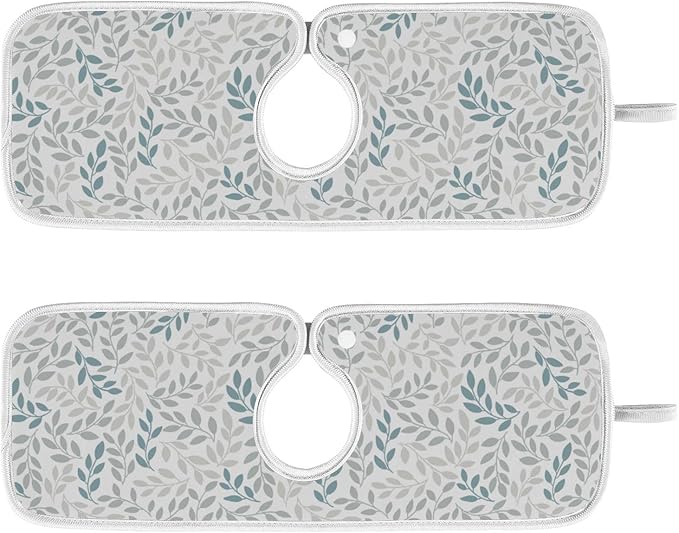 Kitchen Faucet Absorbent Mat,Green Gray Leaf Water Splash Guard for Sink, Faucet Drip Catcher Thicken Sponge Microfiber Faucet Water Catcher Mat Sink Absorbent Mat for Kitchen 23x5in 2 Pack