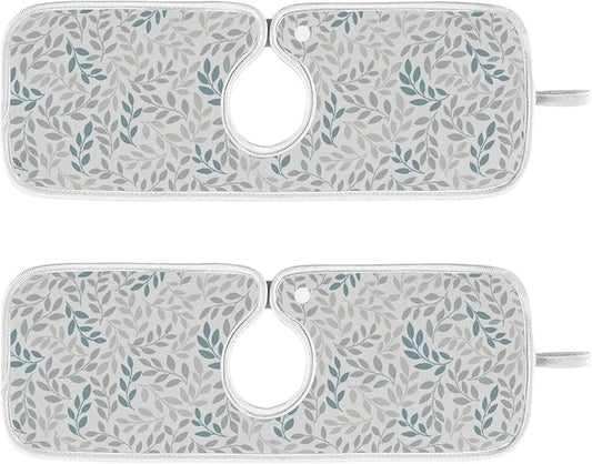 Kitchen Faucet Absorbent Mat,Green Gray Leaf Water Splash Guard for Sink, Faucet Drip Catcher Thicken Sponge Microfiber Faucet Water Catcher Mat Sink Absorbent Mat for Kitchen 23x5in 2 Pack