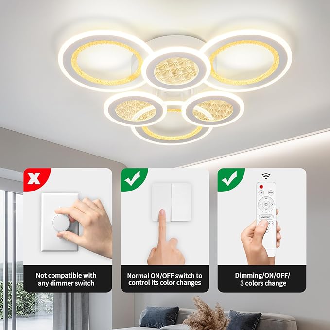Modern LED Ceiling Light,Dimmable 3000K-6500K 3 Colors Flush Mount Ceiling Lights Fixtures 6 Rings 139W Remote LED Ceiling Lighting for Living Room,Dining Room,Kitchen,Bedroom,Office