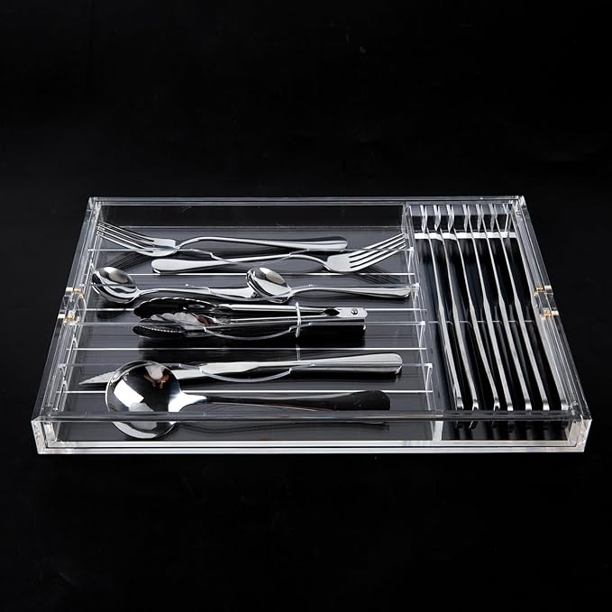 Acrylic Silverware Drawer Organizer Kitchen,Expandable Drawer Organizer,Silverware Organizer for Forks and Knives,Multipurpose Kitchen Organizers Divider and Storage Solution(pull-out,transparency)