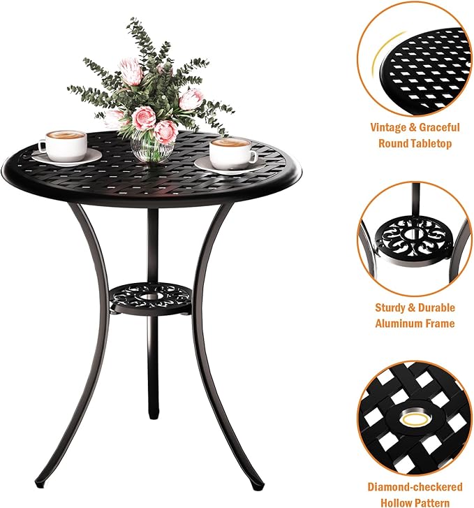 3 Piece Patio Bistro Set, Outdoor Bistro Table and Chairs Set of 2 w/Umbrella Hole, Rust-Resistant Cast Aluminum Bistro Set for Garden/Balcony/Backyard, Black
