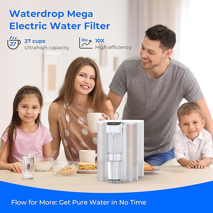 Waterdrop Mega Electric Water Filter Pitcher, Dispenser, 200-Gallon Filtered Water Pitcher, NSF/ANSI 42&53&401&372, Reduce PFAS, Lead, Chlorine, 27-Cup, White, with 1 Filter, Does not Lower TDS