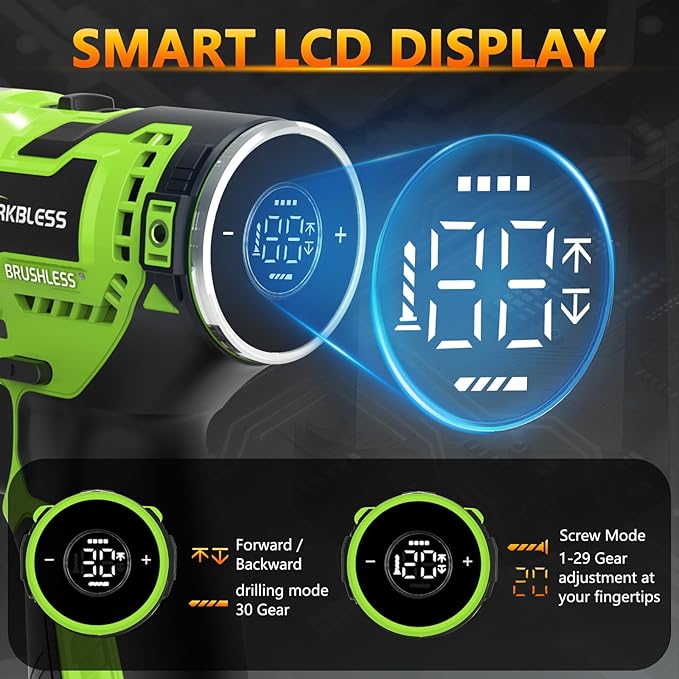12V Brushless Power Drill, Cordless Drill with LCD Smart Display, 29+1 Torque Setting, 3/8 Inch Keyless Metal Chuck, 2.0Ah Battery, Fast Charger and 18Pcs Bits Included(Green)