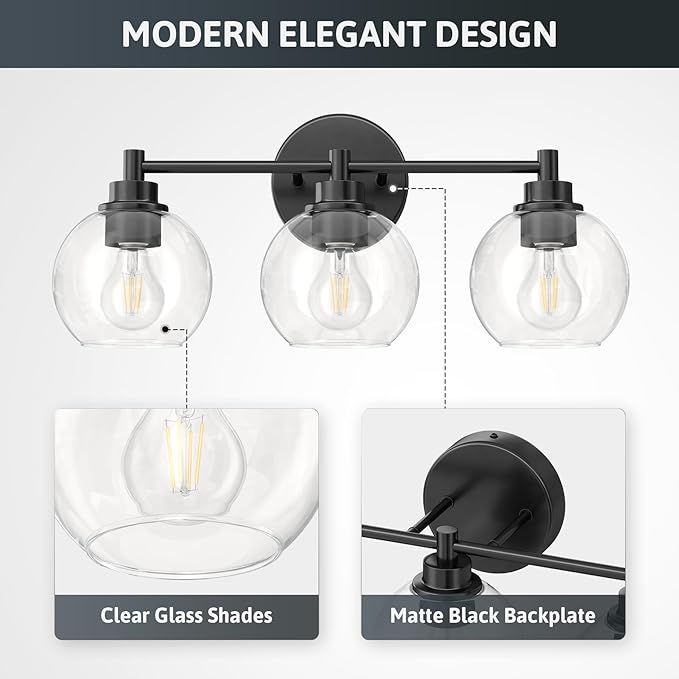 VONLUCE Bathroom Light Fixtures, 3-Light Vanity Light with Globe Glass Shades E26 Sockets, Bathroom Lights Over Mirror for Bedroom Hallway Living Room, Black Finish