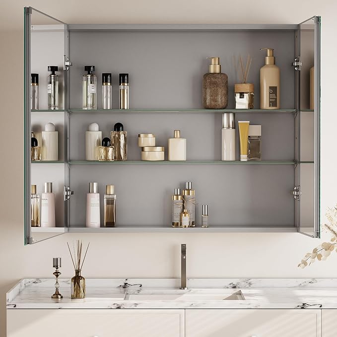 Bathroom Medicine Cabinet with Mirror, 36 Inch x 26 Inch Bathroom Mirror Cabinet with Double Door & Adjustable Shelves, Surface Mount or Recess Installation