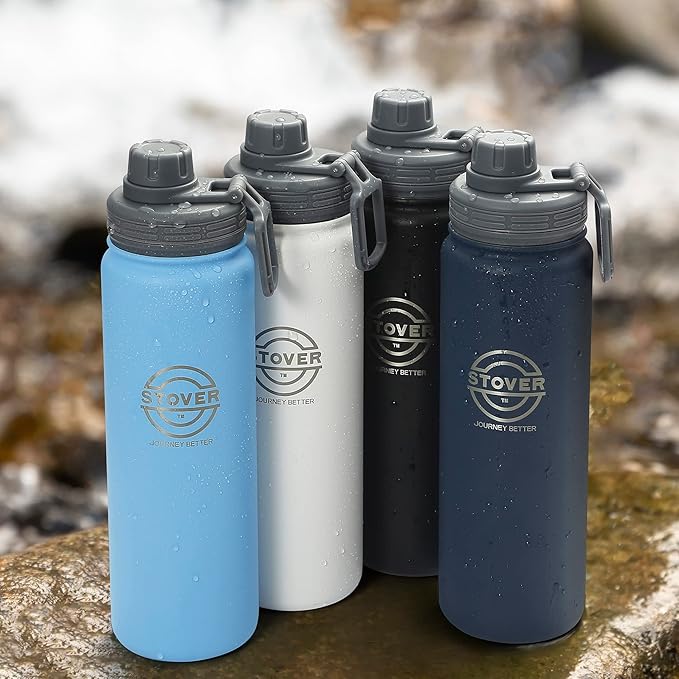 STOVER 25oz Insulated Water Bottle, Wide Mouth Double-Walled Stainless Steel- Vacuum Sealed, Leakproof, Durable, Slim Design Fits in Cup Holder- Flip Top Lid/Spout for Travel- Women/Men (Navy Blue)