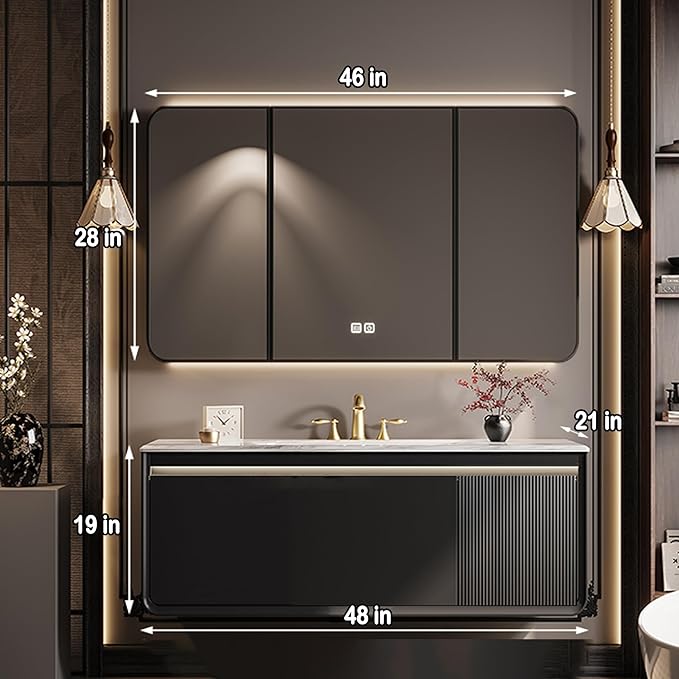 48IN Black Bathroom Vanity - Bathroom Vanity with Sink Featuring Infrared Body Sensor Lights & Smart LED Medicine Cabinet | Bathroom Cabinet with Door Panel Design & Ample Storage Space