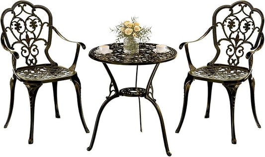 Patio Bistro Set of 2, Cast Aluminum, Outdoor Set w/Umbrella Hole, 3 Piece Table and Chairs Set, Bistro Set for Backyard/Garden/Lawn, Golden Bronze