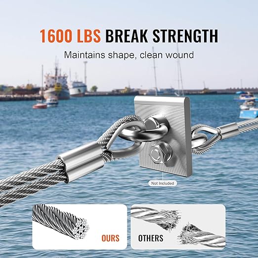 VEVOR 1/8 Stainless Steel Cable, 1/8 Wire Rope, 100 FT 316 Cable Wire 20 Sleeves & 10 Thimbles, 1600 lbs Breaking Strength, 7x7 Strands Marine Aircraft Grade for Handrail Stair Decking Fence Outdoors
