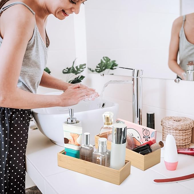 Kigley 8 Pieces Bamboo Drawer Organizer Kitchen Utensils Wooden Utensil Stackable Wooden Storage Box Bamboo Silverware Tray for Drawer(9 x 3 x 2 Inch,Wood)