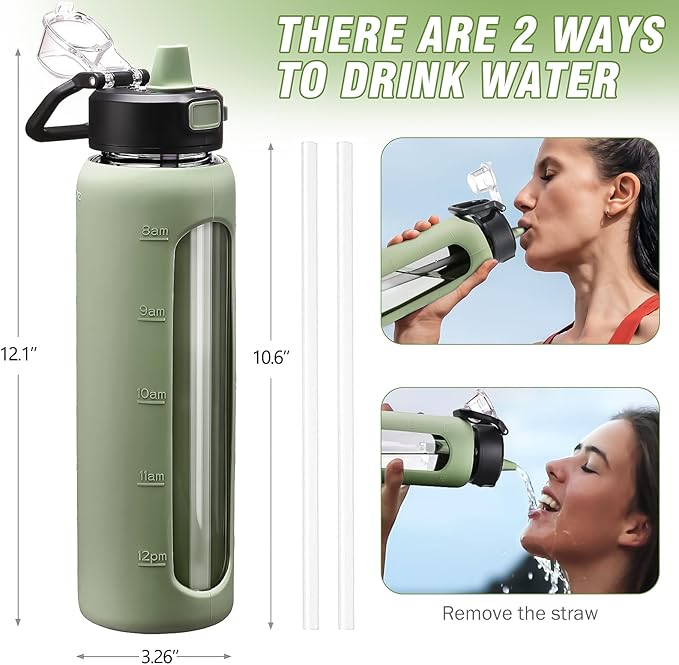 Kodrine Water Bottle with Soft Straw and Carry Loop, 32 oz Glass Water Bottle with Locking Lid, Clear Water Bottles Sports, Drinking Bottle for Travel Home Gym, Leakproof(Olive)