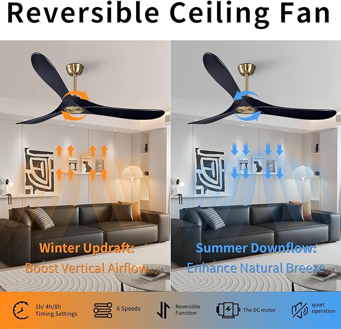 Bigzone 60" Black Ceiling Fan Without Light, DC Motor Quiet Energy Saving,3 Balsa Black Wood Blades,Wood Ceiling Fan With Remote Control, Reversible Blades