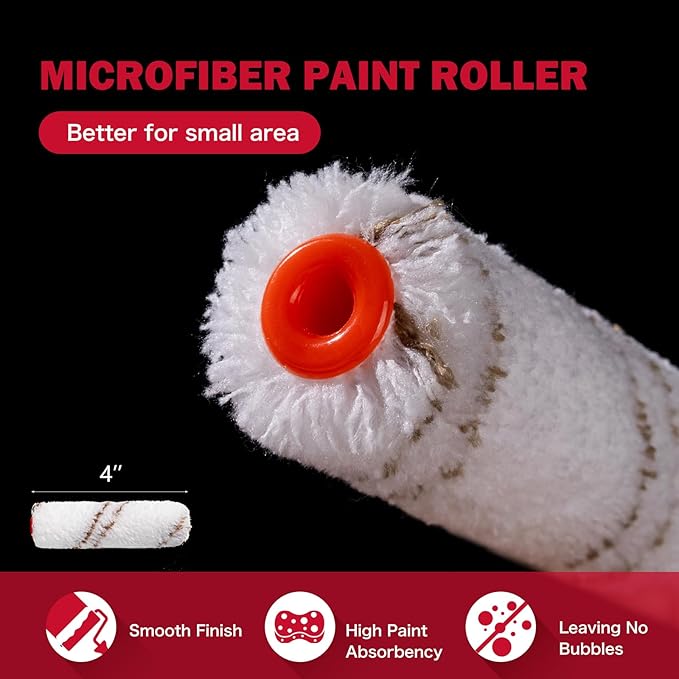 Mister Rui Paint Roller Kit-13 Piece, 4-Inch Microfiber Paint Rollers with Ergonomic Handle, Small Roller Paint Brush, Paint Tray with 3 Liners, Perfect for House Painting, Trim, and Touch-Ups