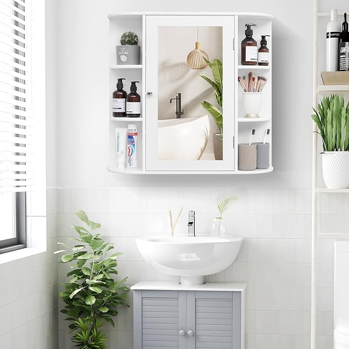 Iwell Bathroom Medicine Cabinet with Mirror, Bathroom Wall Cabinet with 2 Adjustable Shelves & 6 Open Shelves, Medicine Cabinet Organizer, Bathroom Cabinet Wall Mounted, White