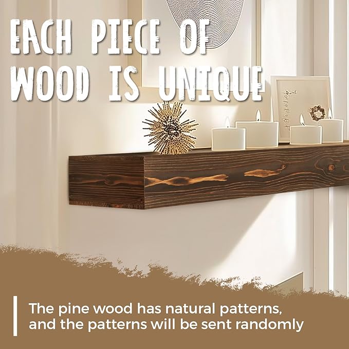 56x8x3 Fireplace Mantel - Handcrafted Hollow Rustic Solid Wood Wall Mounted Floating Shelf with Invisible Heavy Duty Wood Bracket (Weathered Brown)