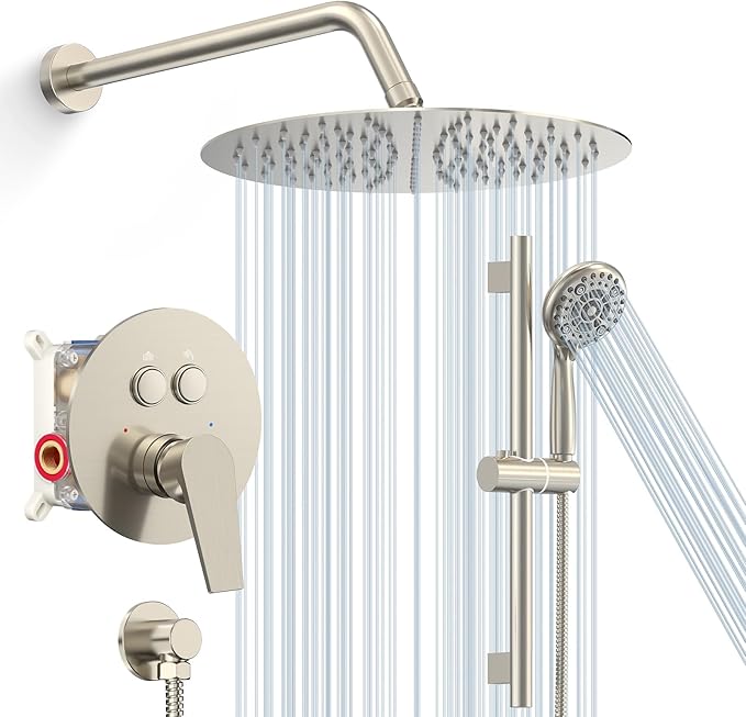 SR SUN RISE Shower System: 12 Inch Rainfall Shower Head with Handheld Combo Set - Slide Bar Bathroom Shower Faucet Set Wall Mounted (Valve and Trim Kit Included) - Brushed Nickel