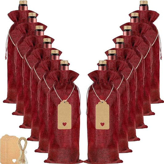 HOMUM 12 Pcs Premium Burlap Wine Bags, Wine Gift Bags with Drawstrings - Reusable Wine Bags, Wine Bottle Bags for Weddings, Parties, Blind Tastings, Christmas, Birthdays, Housewarming, Home Storage (Red)