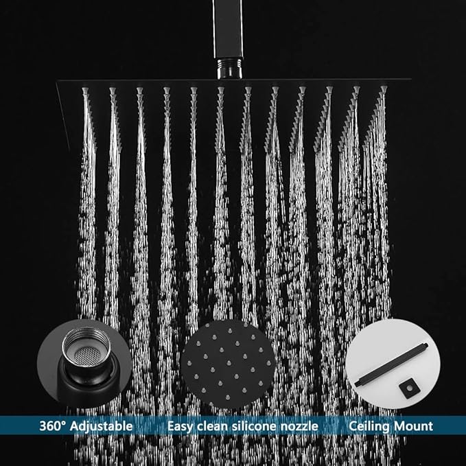 12 Inch Ceiling Mount Matte Black Shower System Bathroom Luxury Rain Mixer Shower Combo Set Ceiling Rainfall Shower Head System (Contain Shower Faucet Rough-in Valve Body and Trim)