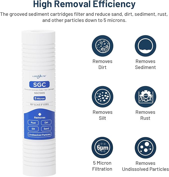 Whole House Water Filter Cartridge Replacement for Well Water, 1 Micron Water Filter 10 x 2.5 Grooved Sediment Water Filter Compatible with AP110, WHKF-GD05, RS14, CFS110, P5, WFPFC5002-6 Pack