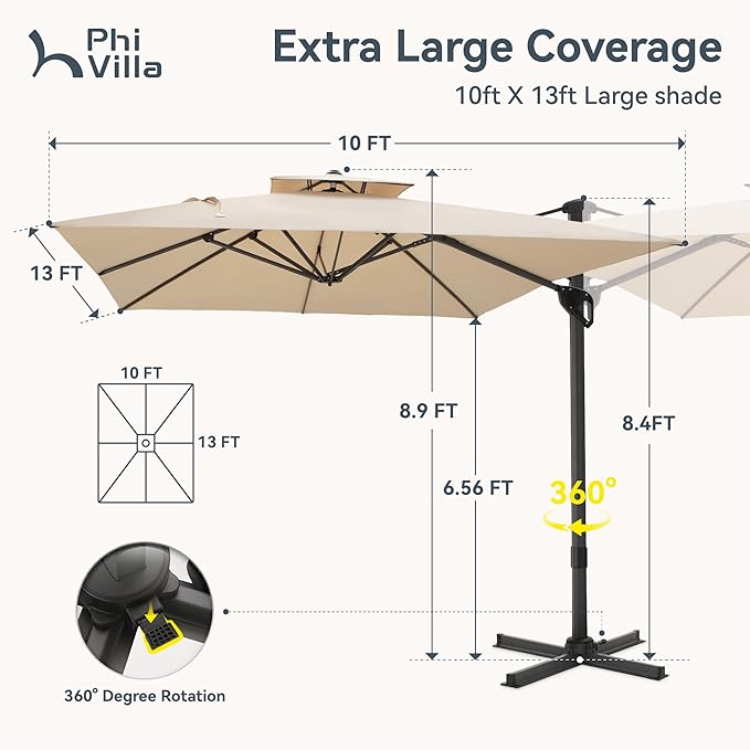 PHI VILLA 10'x 13' Cantilever Patio Umbrella, Outdoor Rectangle Large Umbrellas with Hydraulic Lift and 360°Rotation, Beige