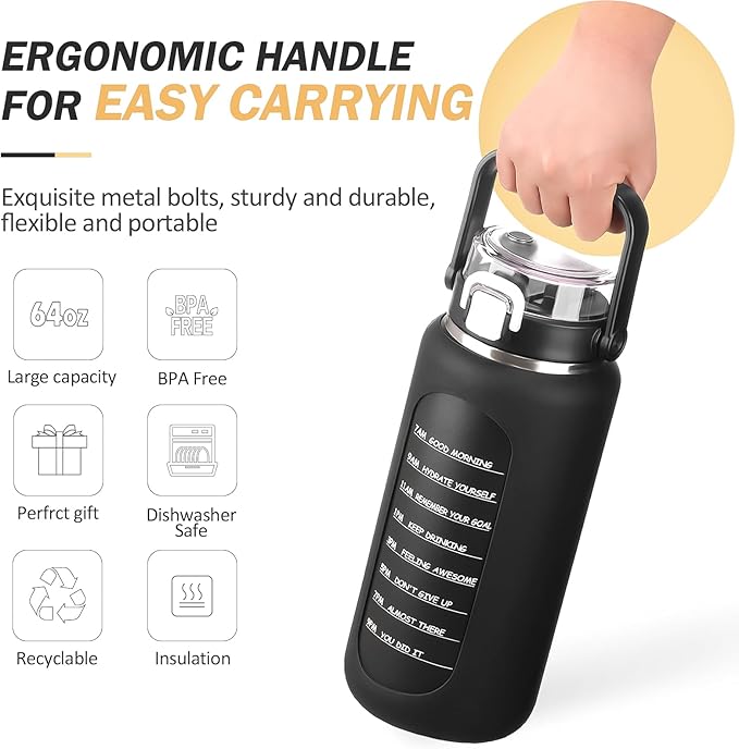 BLUEGO 64oz Insulated Water Bottle with Straw and Handle Leakproof Half Gallon Wide Mouth Motivational Water Bottle, 2-IN-1 Straw Spout Lid Stainless Steel Water Jug for Sport Travel Gym-Black