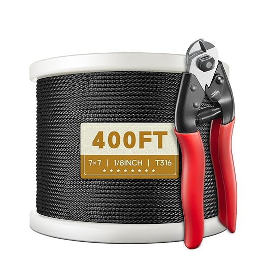 400FT 1/8" T316 Black Stainless Steel Cable, Black Wire Rope Aircraft Cable for Deck Cable Railing Kit, DIY Balustrades, 7x7 Strands Construction, Comes with a Cutter