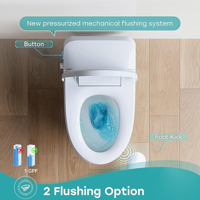 HOROW Non-electric Bidet toilet with Dual Bidet Nozzles Cleanse, Smart Toilet Built-in Pump for Power Flush,Map Flush 1000 Grams, ADA Chair Height Toilets with Footkick Flush