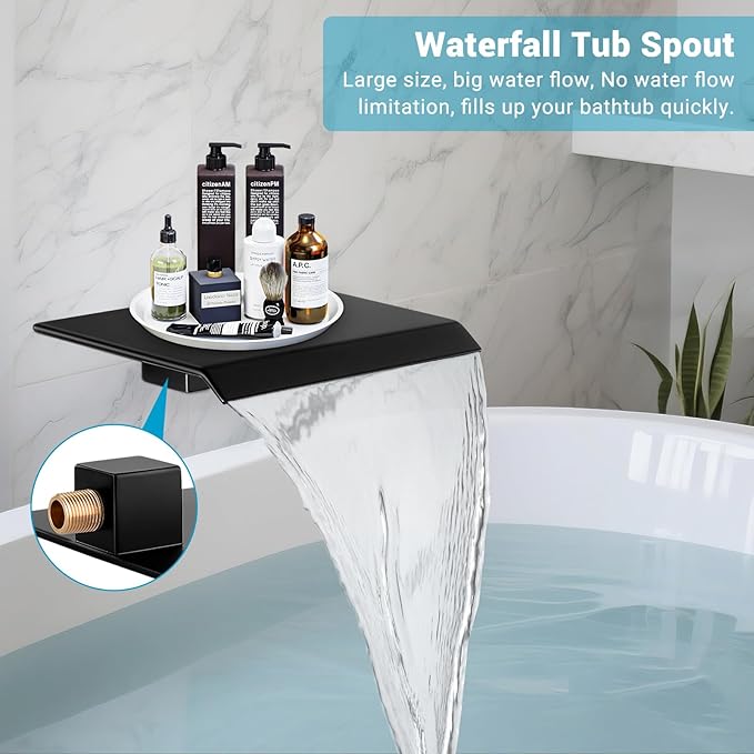 Rain Shower Faucet Set Wall Mounted Rainfall with Tub Spout Shower Head System Rough-in Valve Body and Trim Included Black (10 Inches)