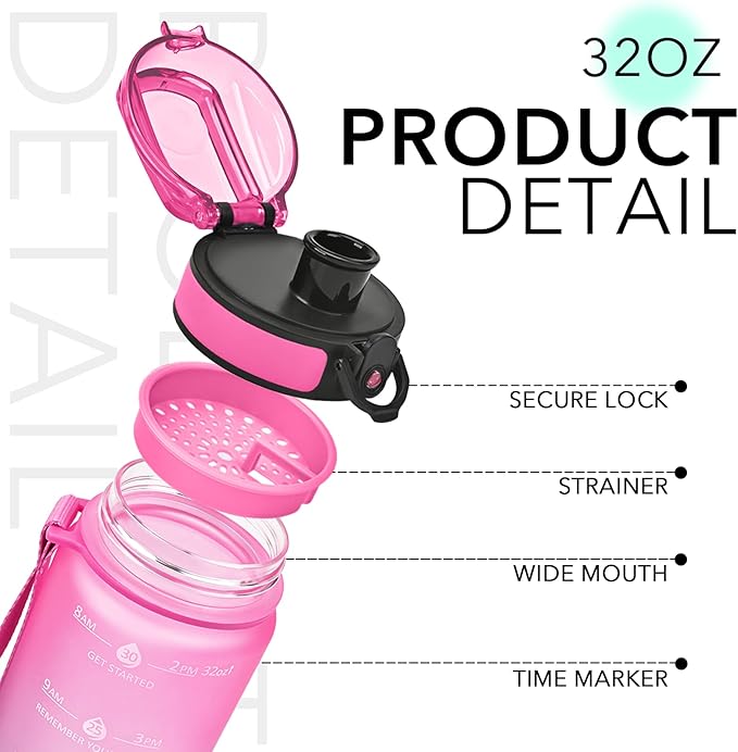 GOSWAG 32oz Motivational Water Bottles with Time Marker and Fruit Strainer, Sports Water Bottle with Times to Drink, Leakproof, Reusable Plastic Bottle with Strap no Straw for Gym, School