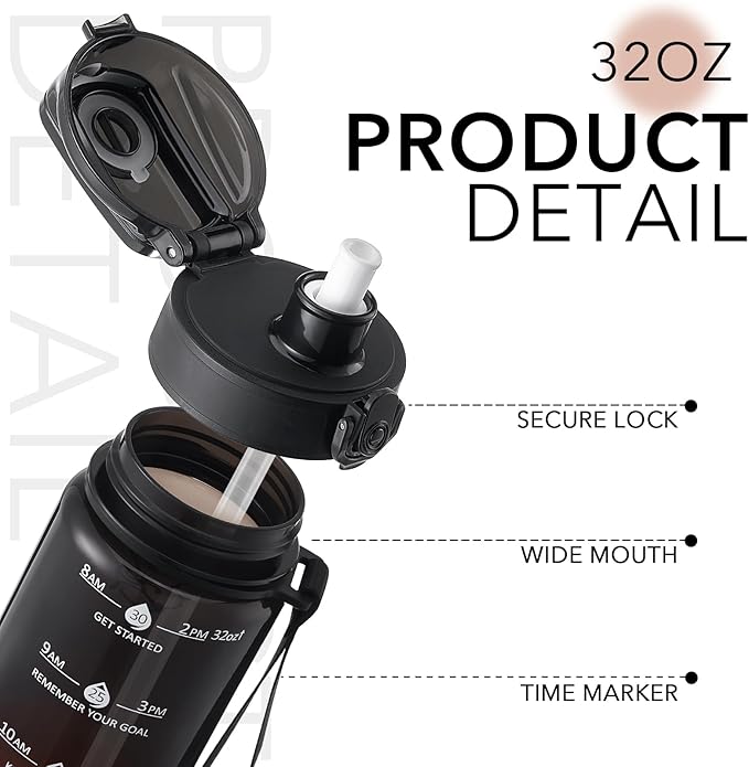 GOSWAG Water Bottles, 32 oz Motivational Sports Water Bottle with Straw and Time Marker to Remind You to Drink, Comes with Carry Strap, Leakproof
