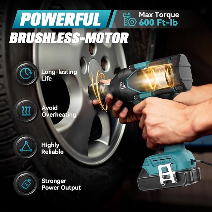 Cordless Impact Wrench 1/2 inch for Makita Battery, 600FT-LBS (810N.m) Brushless Electric Impact Gun Includes LED Work Light, 2100RPM High Torque Impact Driver Wrench, Bare Tool Only