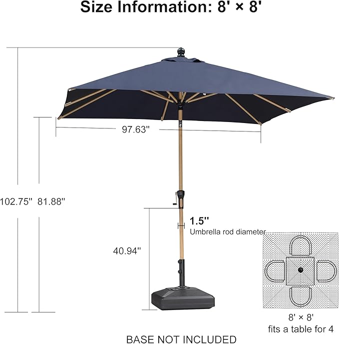 PURPLE LEAF 8' x 8' Square Patio Umbrella Market Umbrella Aluminum Outdoor Table Umbrella with Push Button Tilt & 8 Sturdy Ribs and Crank Square Outdoor Umbrellas for Pool Backyard Deck, Navy Blue