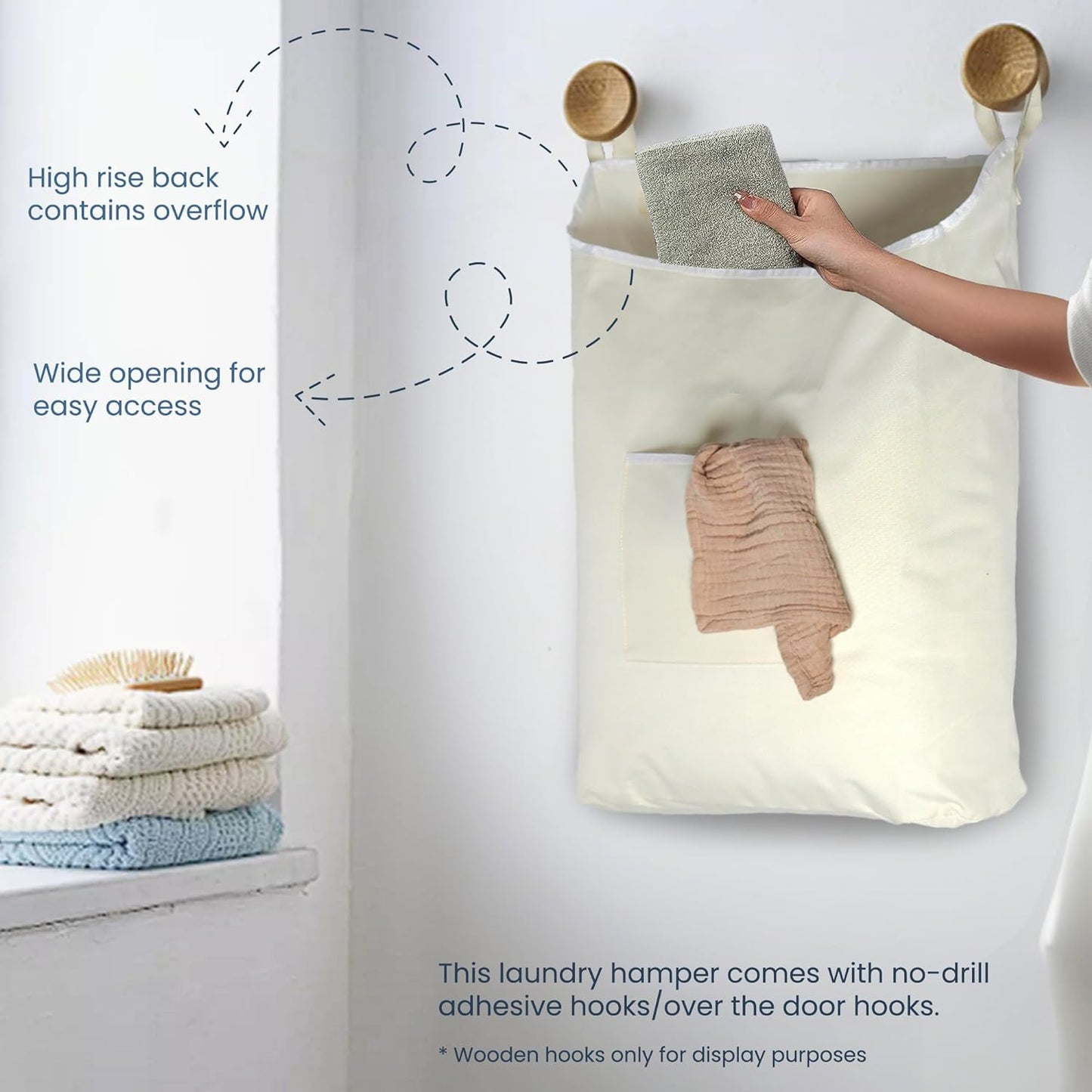 The Fine Living Co. Hanging Laundry Hamper with Over Door Hooks & Adhesive, Durable Space Saving Laundry Bag with Zipper and Wide Open Top, Hanging Dorm Laundry Hamper 18"x4.75"x28" (Beige-L)