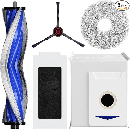 T30s Vacuum Accesories Kit Compatible with ECOVACS DEEBOT T30S Combo Robot Vacuum, t30s Replacement Parts Include 1 V-Shaped Brush, 1 Hepa Filters, 1 Mop Pads, 1 Side Brush, 1 Dust Bags (5 PCS)