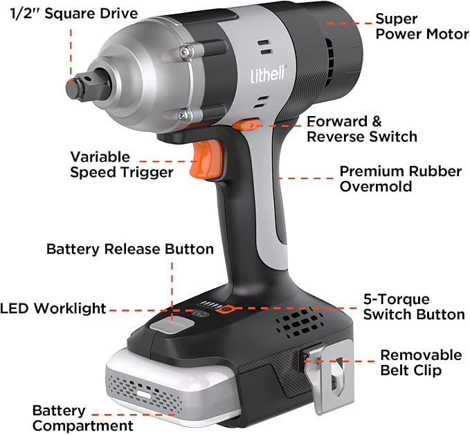 Litheli Cordless Impact Wrench Kit, 1/2 Inch Hog Ring Impact Gun with 4 Impact Sockets, 5 Torque Settings Impact Driver for Car Home, Bare Tool Only