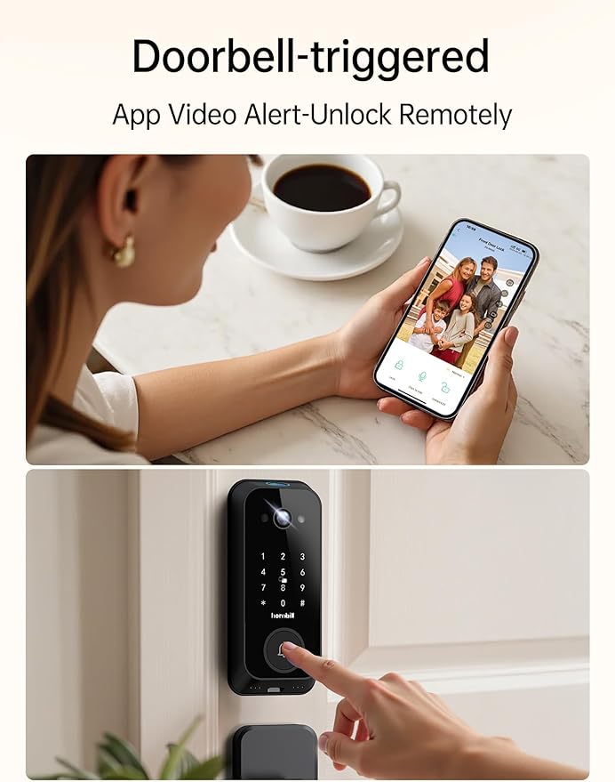 Smart Front Door Lock Sets: 2K HD Camera Lock with Doorbell Kits, Hornbill Fingerprint Keyless Entry Door Lock with Handles, WiFi Deadbolt(only 2.4G) for Remote Control, Free APP/Alexa/PIR, Black