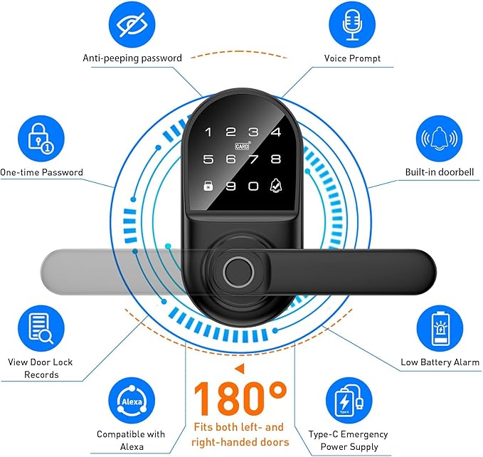 Smart keypad Door Lock with Handle，Fingerprint Keyless Entry Digital Lock with Built-in doorbell for Front Door,Bedroom,biometric Door knob