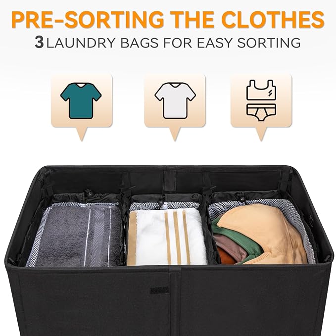 WOWLIVE Laundry Hamper with Lid,180L Large Laundry Basket 3 Section with Removable Washing Bags,Collapsible Waterproof Dirty Clothes Hamper for Laundry Room Bathroom Dorm,Black