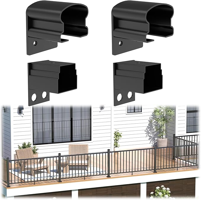 4 Pack Aluminum Deck Railing Bracket Connector, Fixed Railing Bracket, Black Textured Powder-Coat Finish Railing System for Outdoor Decks, Porches & Balconies