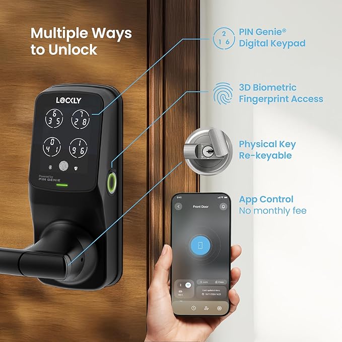 Lockly Secure Pro Smart Lock Wi-Fi, Keyless Entry Digital Keypad Door Lock, 3D Biometric Fingerprint Sensor Front Door Lock with Handle, Voice Control & Auto Lock - Latch Edition