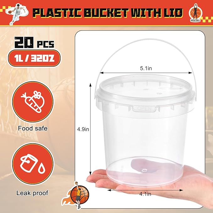 PerKoop 20 Pcs 32 oz Basketball Ice Cream Buckets with Lids and Handles Clear Cocktail Rum Buckets for Drinks with 200 Stickers Plastic Transparent Tub Reusable Food Storage Containers for Parties