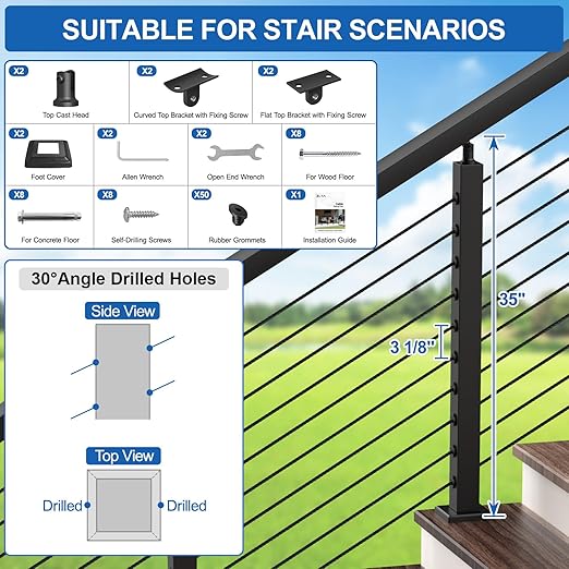 Black Stair Cable Railing Post 35" for 25-35 Degrees Stair, 2 Pack Stainless Steel Adjustable Surface Mount Cable Railing System Kit with Grommets, Indoor & Outdoor(MY08-S)