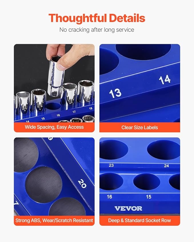 VEVOR Magnetic Socket Organizer Set, 4PCS Magnetic Socket Holder, 1/4'' & 3/8'' Metric SAE Socket Trays with Clear Labels, Hold up to 108PCS Standard & Deep Sockets, Blue & Red (Sockets Not Included)