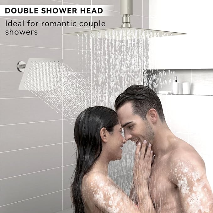 Shower Faucets Sets Shower System Brushed Nickel, STARBATH 12" Ceiling Mount Rain Showerhead and 8" Wall Mounted Rainfall Shower for Couples, On Off Button Valve Dual Head Shower Systems Complete