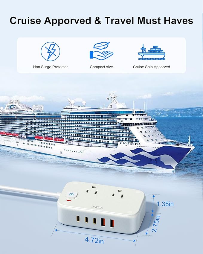Power Strip with USB C - 40W Charging Station with 2 Outlets 3 USB C & 2 USB A - Charger for Multiple Devices, 5Ft Flat Plug Extension Cord for Travel Cruise Ship Office Dorm (White)