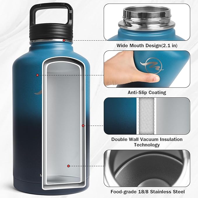 Insulated Water Bottle 64 oz with Straw Lid (3 Lids), Half Gallon Jug Flask, Large Metal Stainless Steel Bottle, 64 oz Double Wall Vacuum Sports Thermo Mug, Cold 48H Hot 24H (Indigo Black)