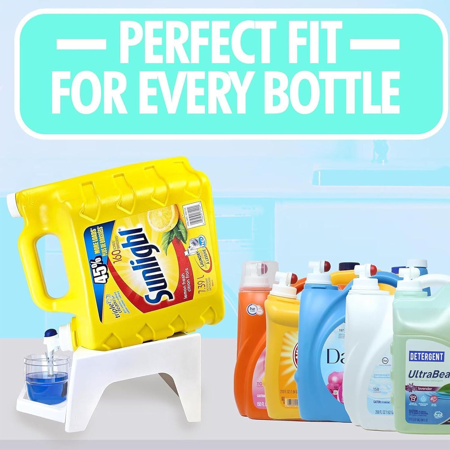 TidyFriend 3 Pack Laundry Detergent Dispenser with Tray & Strap, Laundry Soap Dispenser with Non-Slip Rubber Feet for Washing Room Organization, Easy Pour (White)